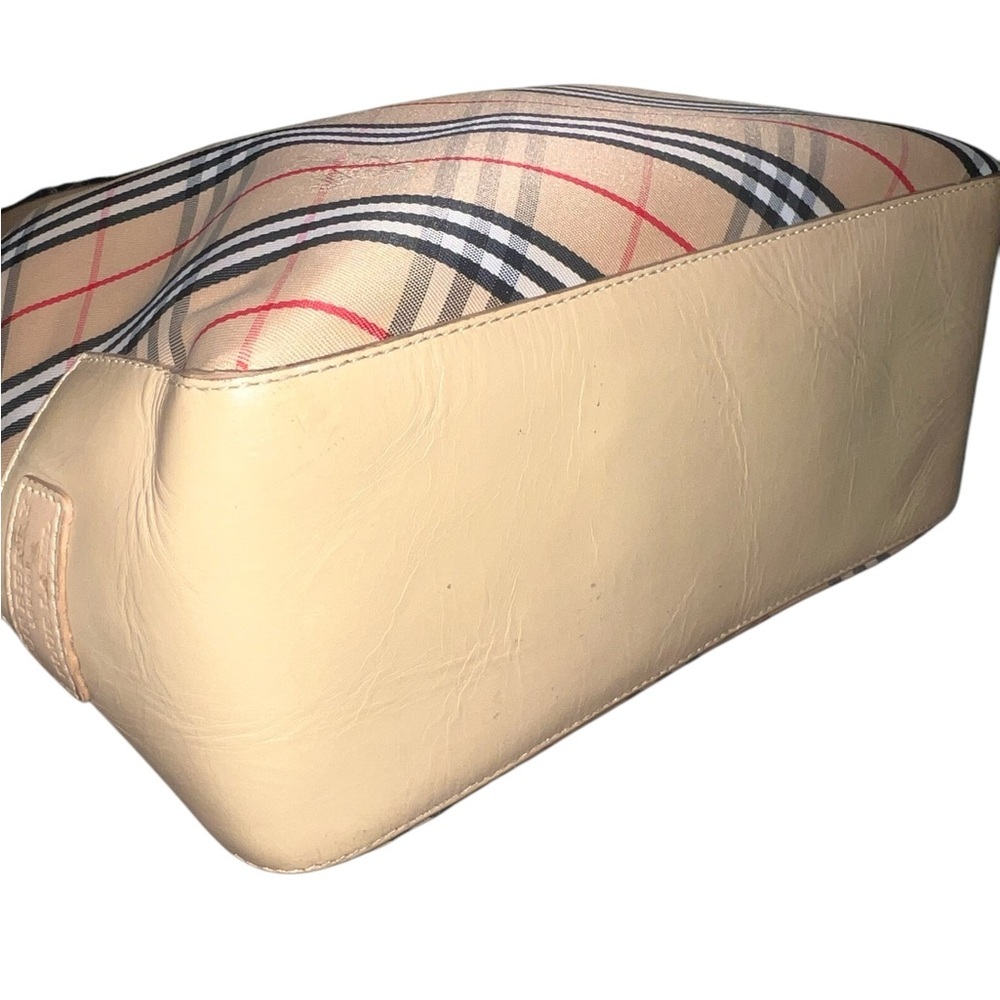 Burberry Nova Check Canvas Leather Tote Tan Black Red Traditional Plaid Pleated - Picture 5 of 16